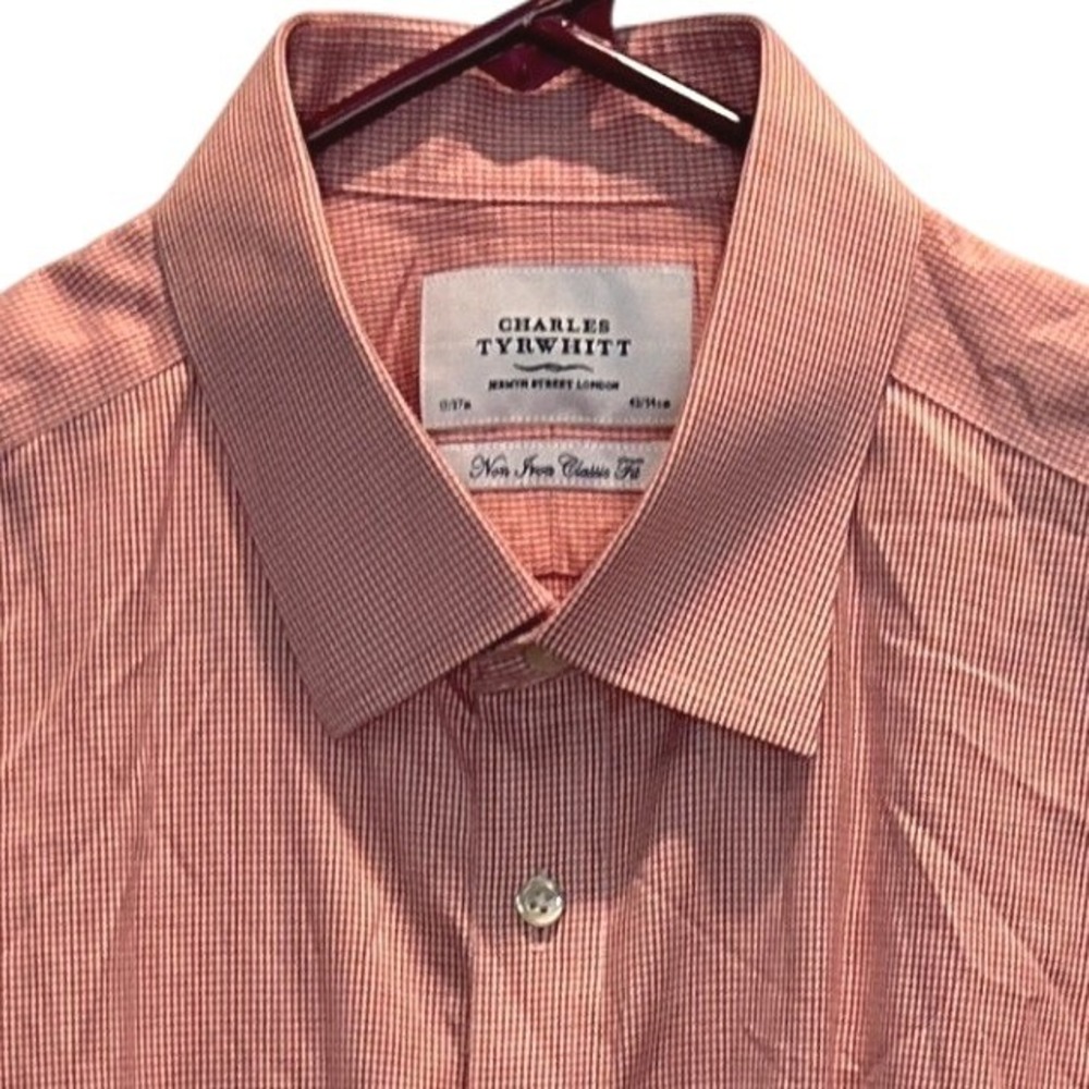 Charles Tyrwhitt Dress Shirt 17/37 Mens Orange Micro Check French Classic Fit